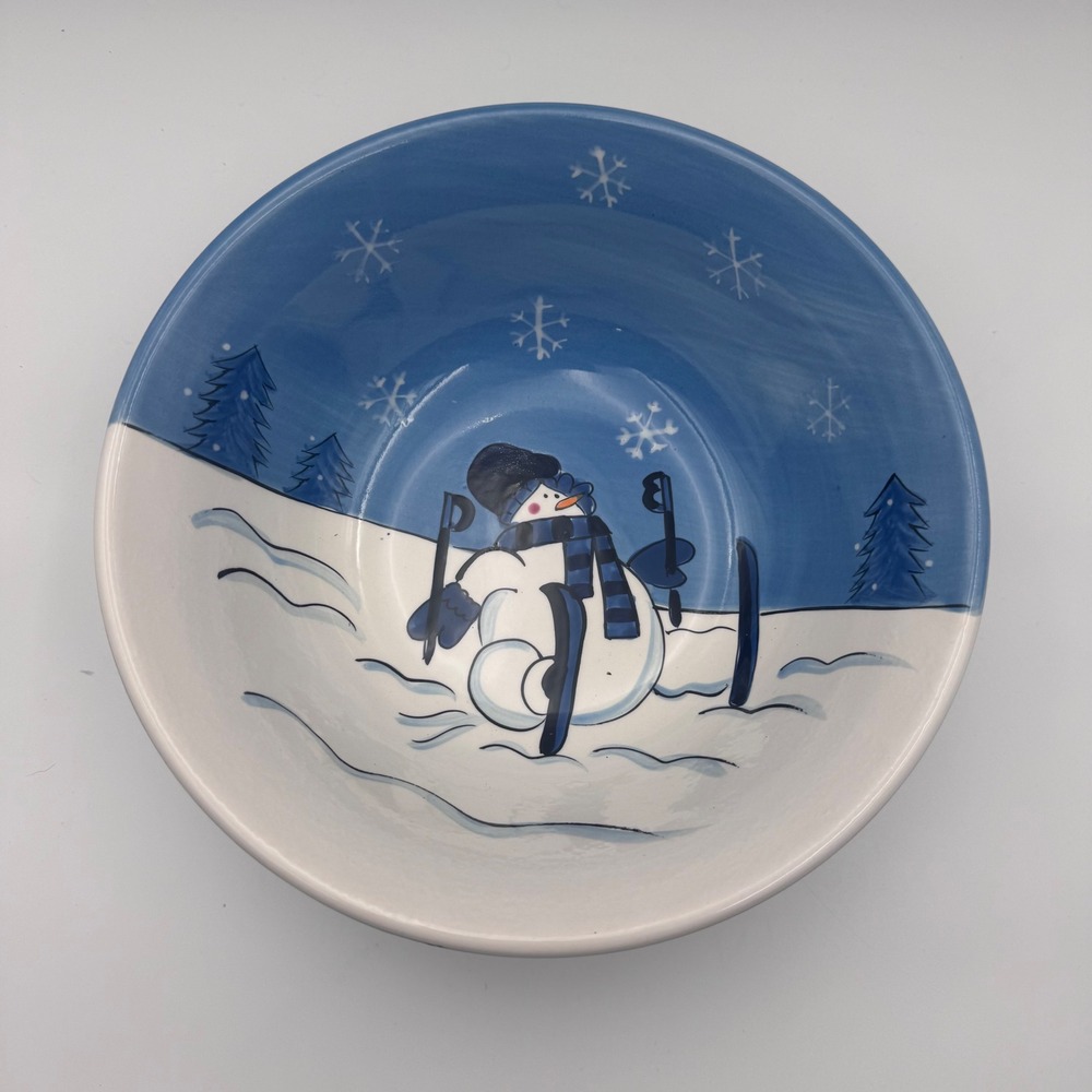 Canterbury Potteries Snow Valley Toby Pieri Hand Painted Snowman Skiing Bowl 11"